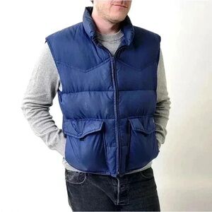 Vintage Men's Down Puffer Vest Pockets Streetwear Outdoor Camping 70s 80s Blue M